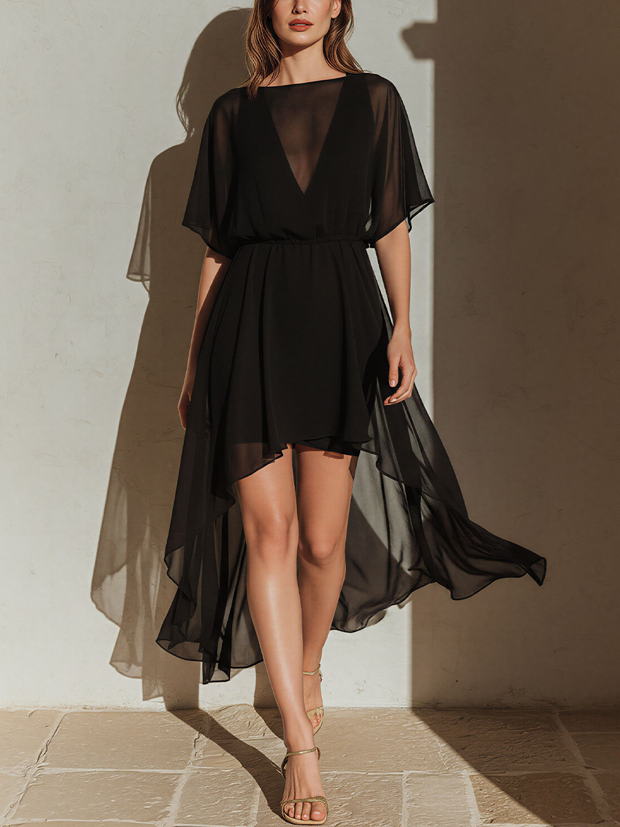 Women’s Black Sheer Chiffon High-Low Dress With Dolman Sleeves & Lining
