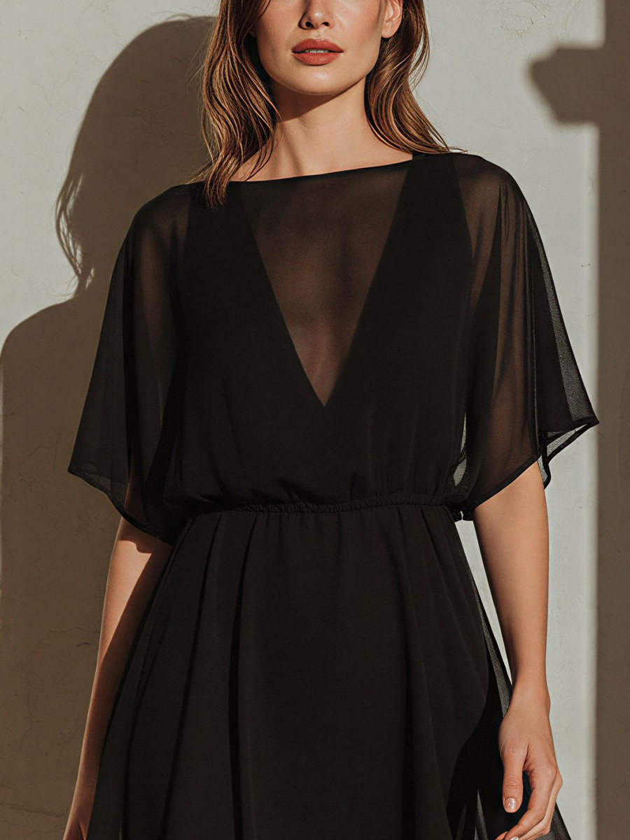 Women’s Black Sheer Chiffon High-Low Dress With Dolman Sleeves & Lining