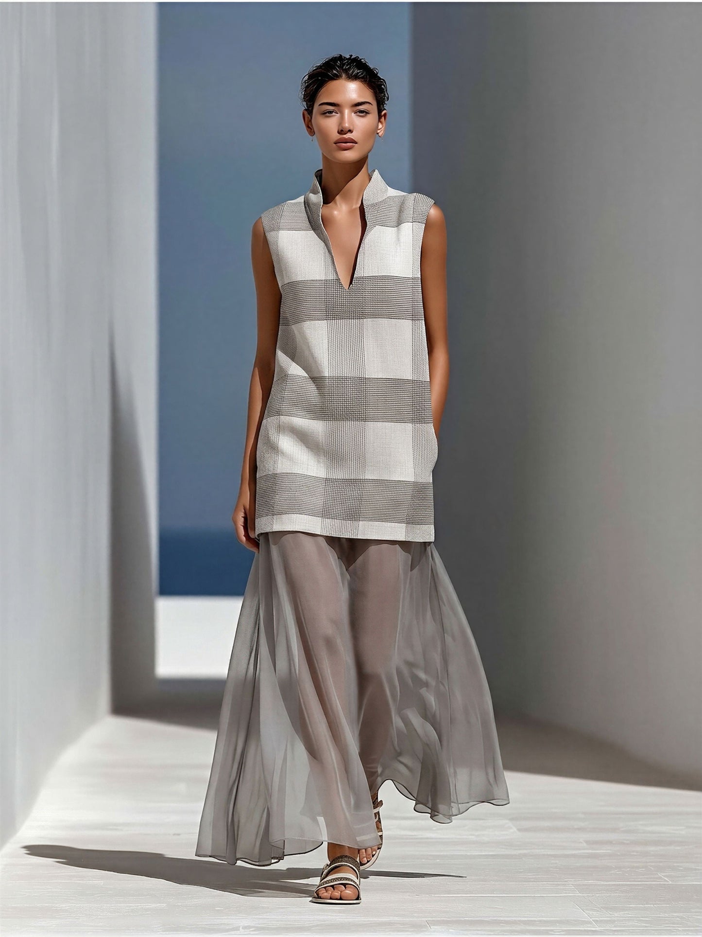 Women’s Grey Plaid Sleeveless Tunic Top & Sheer Chiffon Maxi Skirt Two-Piece Set