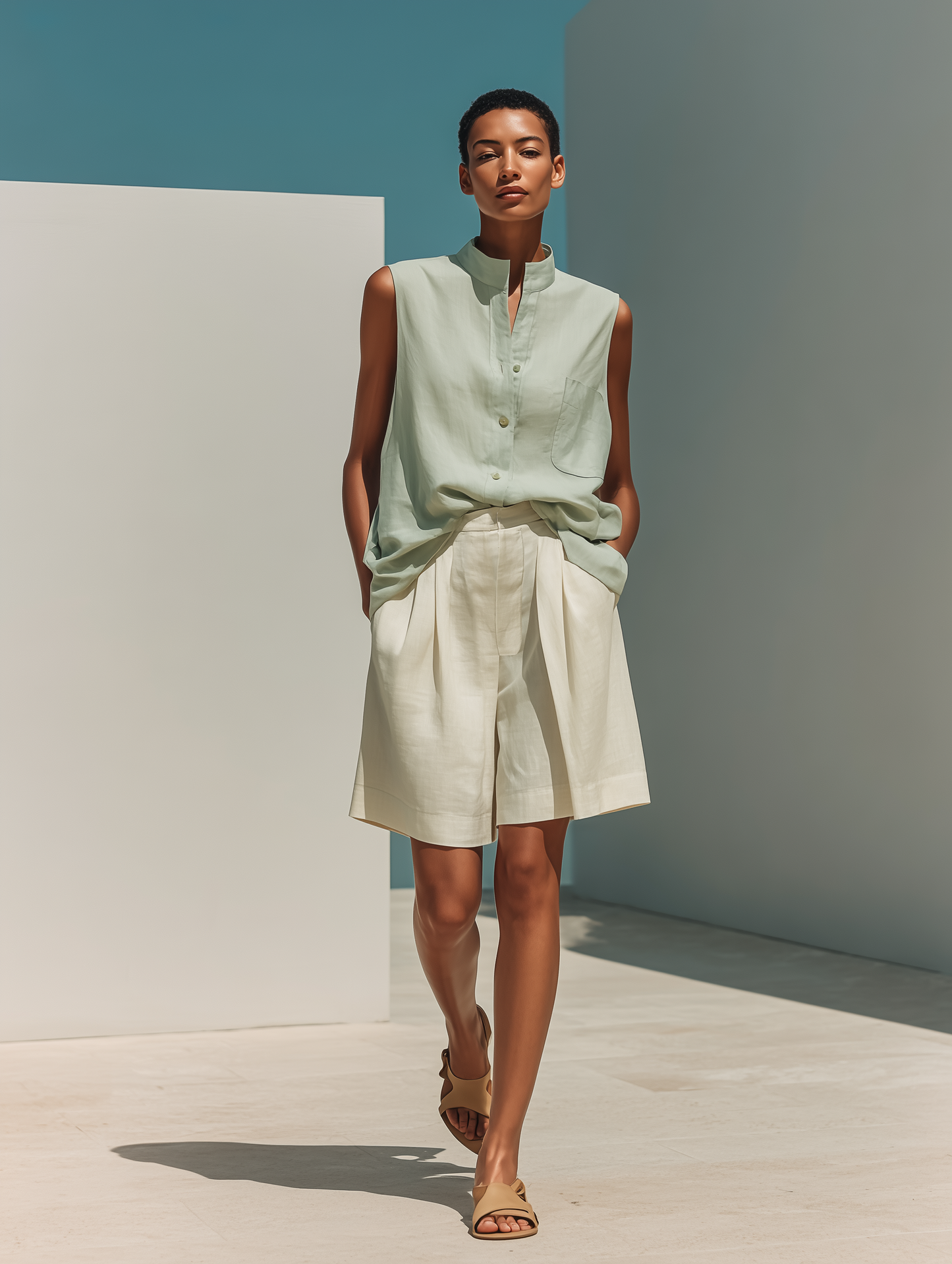 Women’s Mint Green Sleeveless Stand-Collar Linen Shirt & Beige Pleated Wide-Leg Shorts Two-Piece Set