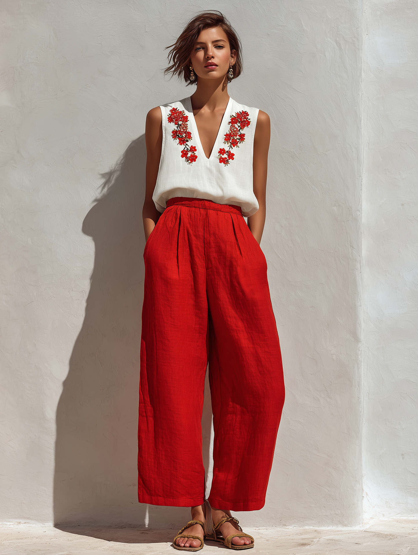 Women’s White Sleeveless Floral Embroidered Linen Top & Red High-Waisted Wide-Leg Pants Two-Piece Set