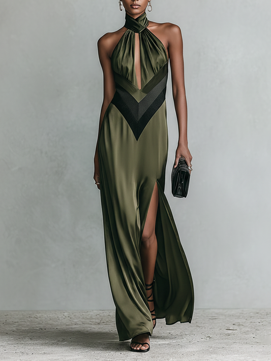 Women's Olive Green Satin Halter Maxi Dress With Keyhole Cutout & Chevron Detail, Timeless Formal Evening Gown