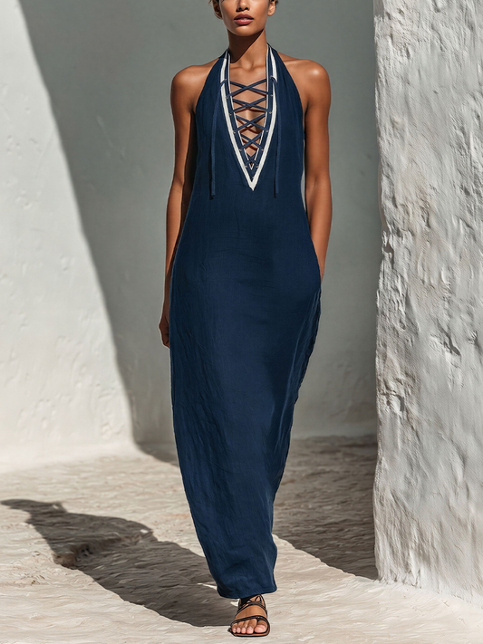 Women’s Navy Blue Linen-Blend Halter Neck Maxi Dress With Lace-Up Front & Contrast Trim