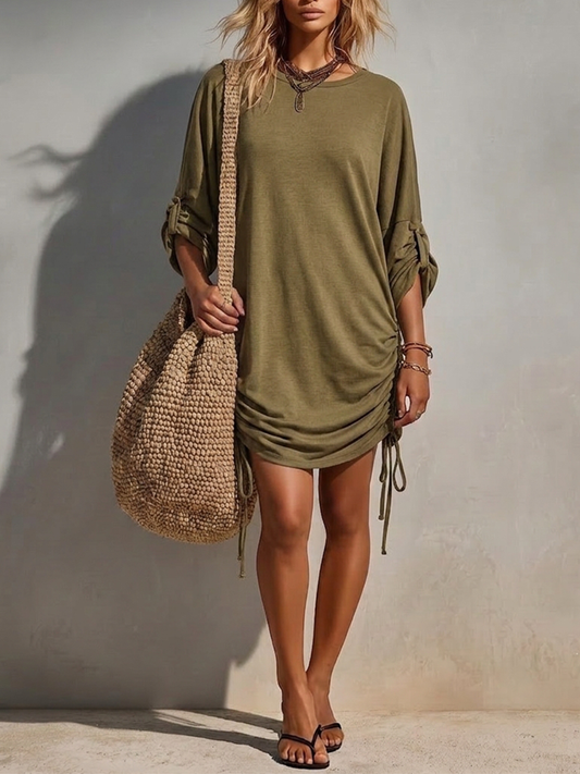 Women's Olive Green Cotton T-Shirt Dress With Side Ruched Drawstrings & Roll-Up Sleeves, Timeless Casual Beach Cover-Up