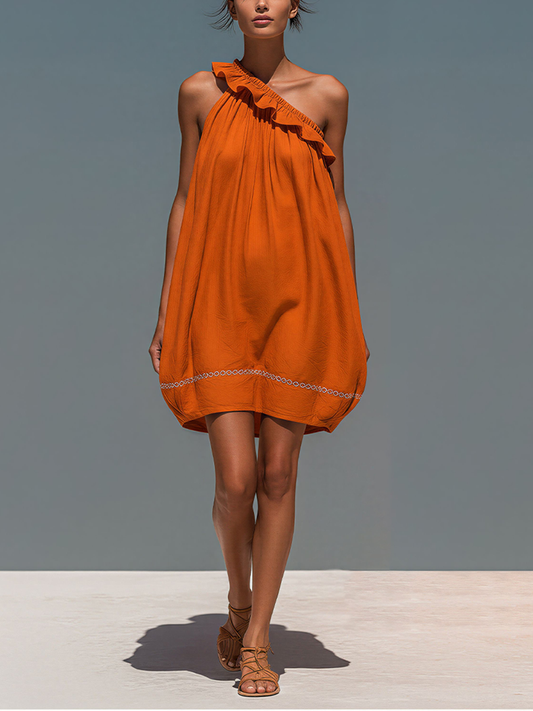 Women’s Orange Linen-Blend One-Shoulder Ruffled Mini Dress With Embroidered Hem