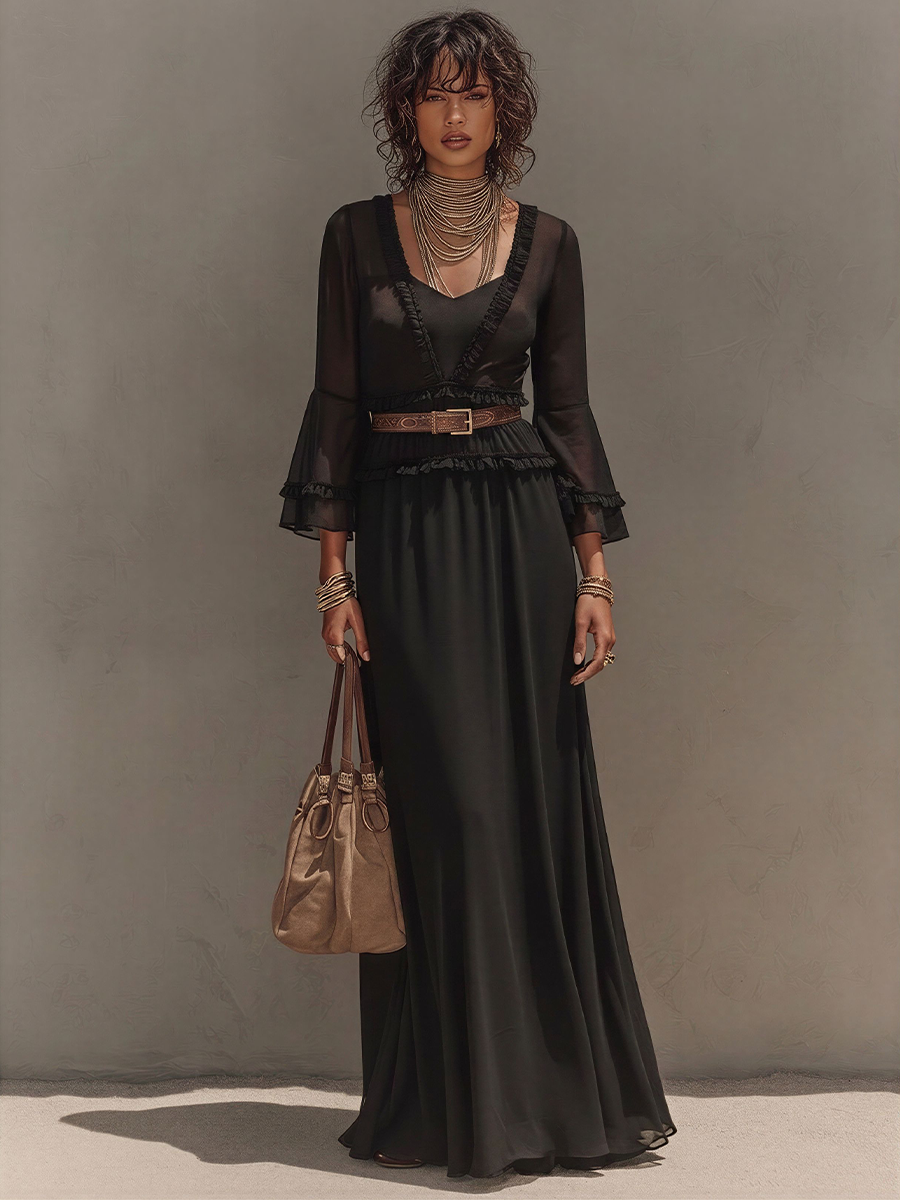Women's Black Sheer Chiffon Matching Set, Vintage Elegant With V Neck & Flowy Long Skirt, Fashion Three-Piece Suit