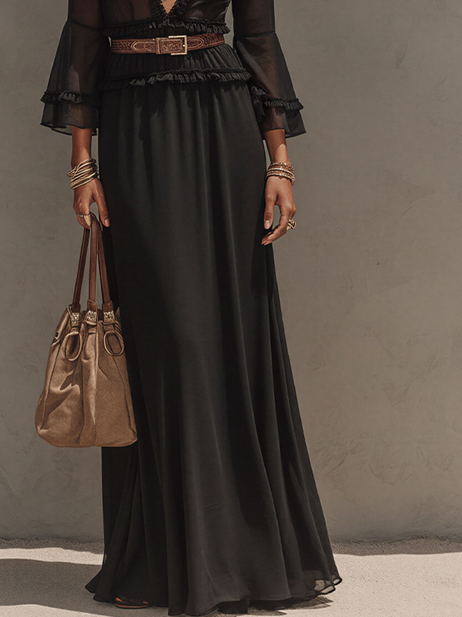 Women's Black Sheer Chiffon Matching Set, Vintage Elegant With V Neck & Flowy Long Skirt, Fashion Three-Piece Suit