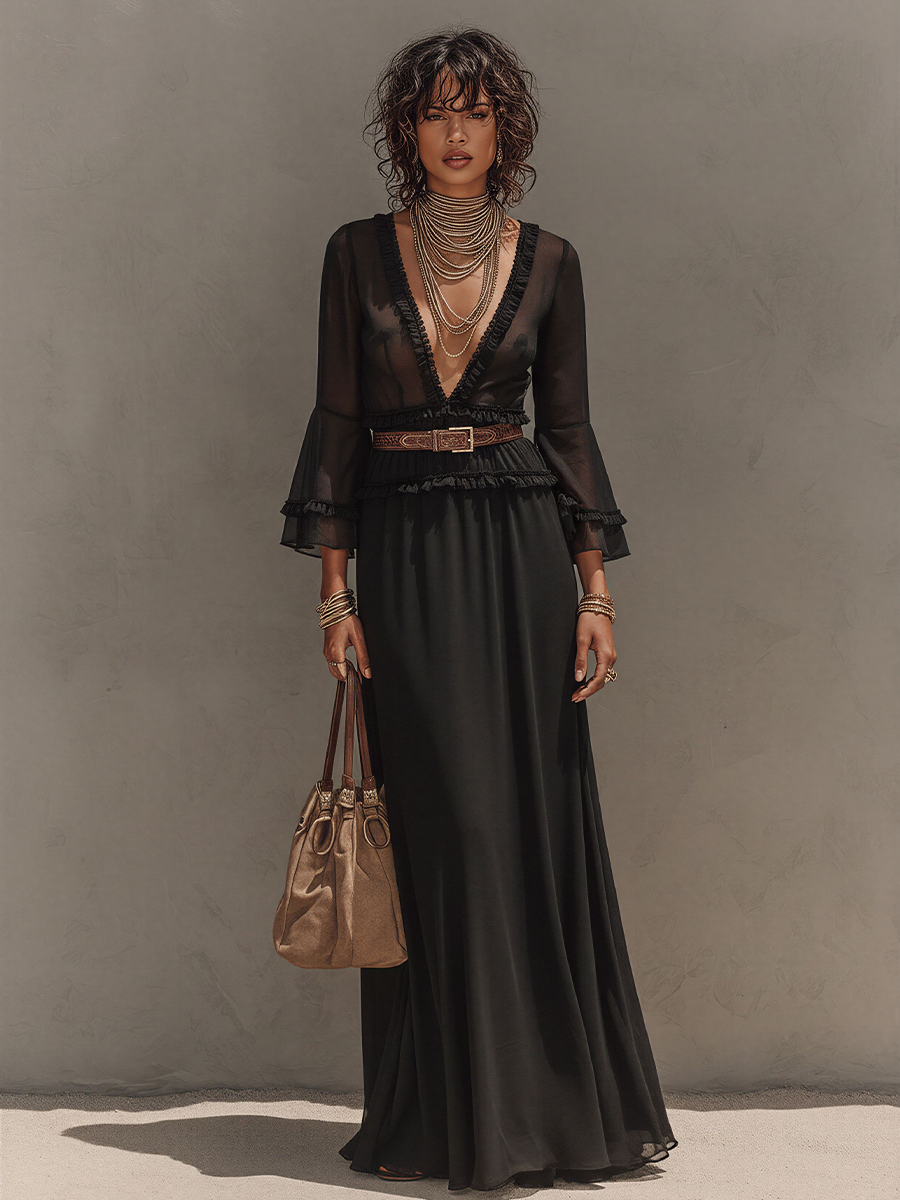 Women's Black Sheer Chiffon Matching Set, Vintage Elegant With V Neck & Flowy Long Skirt, Fashion Three-Piece Suit