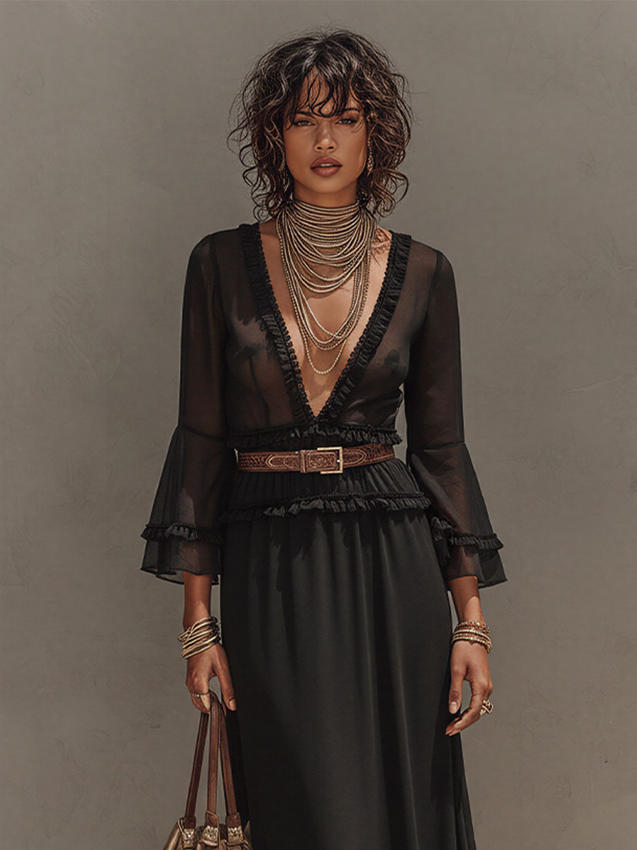Women's Black Sheer Chiffon Matching Set, Vintage Elegant With V Neck & Flowy Long Skirt, Fashion Three-Piece Suit