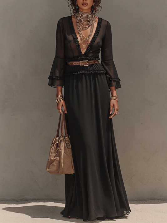 Women's Black Sheer Chiffon Matching Set, Vintage Elegant With V Neck & Flowy Long Skirt, Fashion Three-Piece Suit