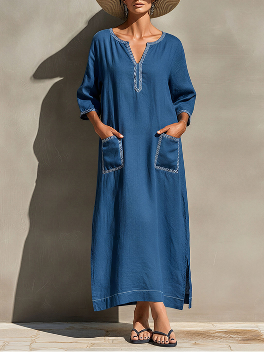 Women's Blue Linen-Blend Caftan Dress With Notch Neck & Side Slits, Timeless Casual Beach Cover-Up