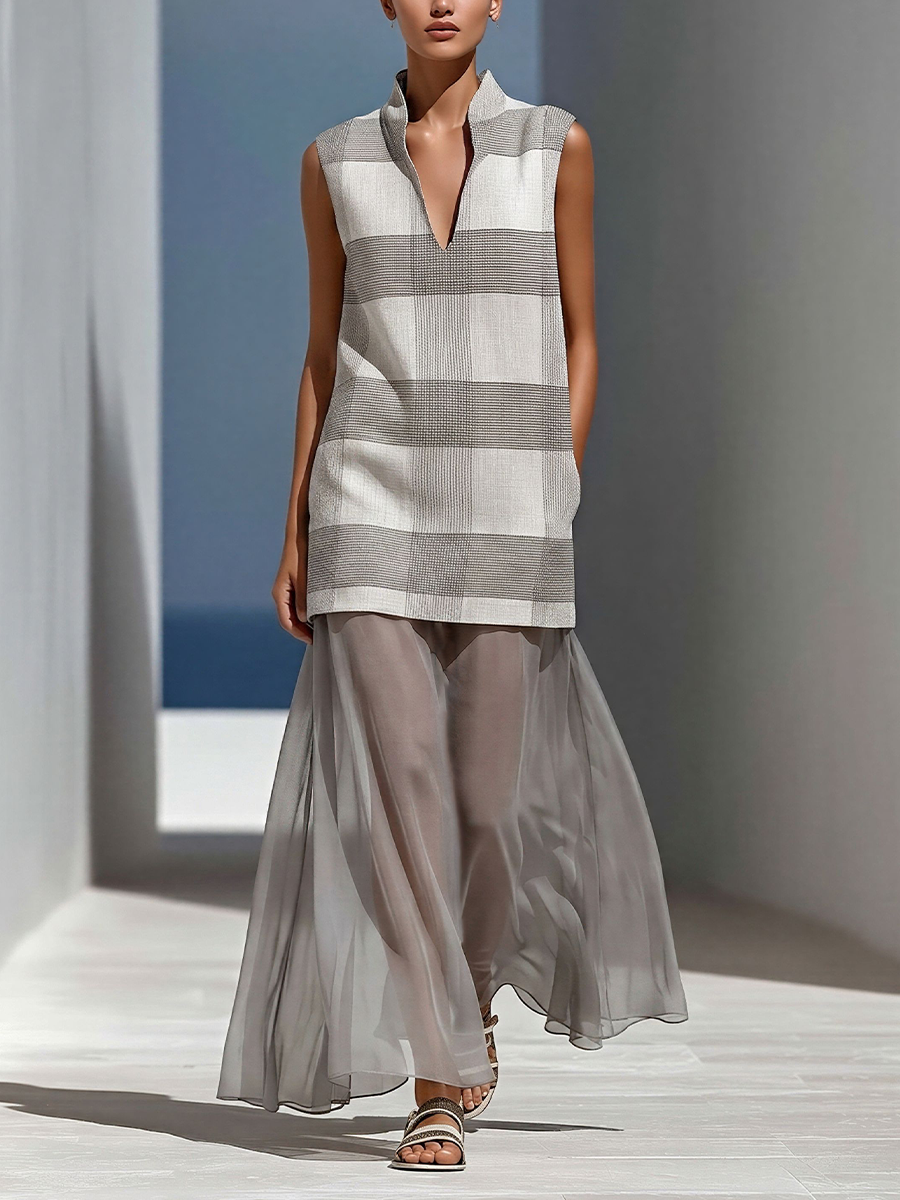 Women’s Grey Plaid Sleeveless Tunic Top & Sheer Chiffon Maxi Skirt Two-Piece Set