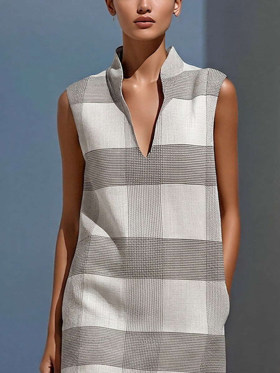 Women’s Grey Plaid Sleeveless Tunic Top & Sheer Chiffon Maxi Skirt Two-Piece Set