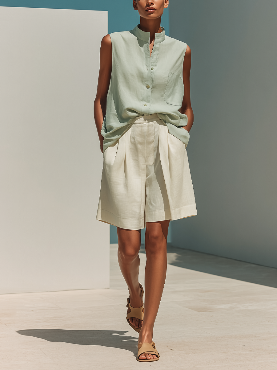 Women’s Mint Green Sleeveless Stand-Collar Linen Shirt & Beige Pleated Wide-Leg Shorts Two-Piece Set