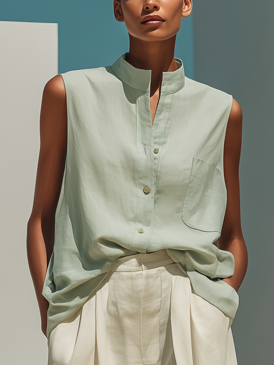 Women’s Mint Green Sleeveless Stand-Collar Linen Shirt & Beige Pleated Wide-Leg Shorts Two-Piece Set