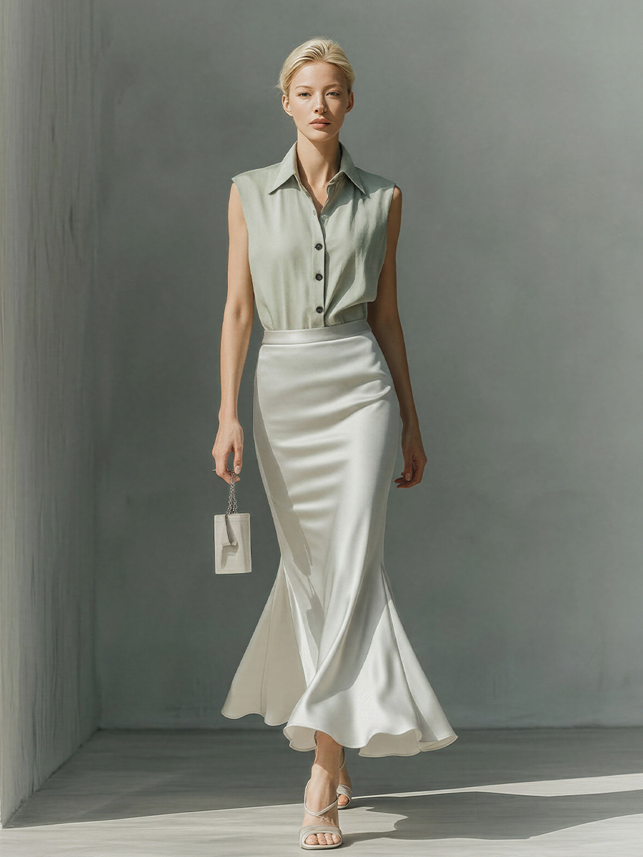 Women’s Sage Green Sleeveless Collared Shirt & Ivory Satin Mermaid Midi Skirt Two-Piece Set