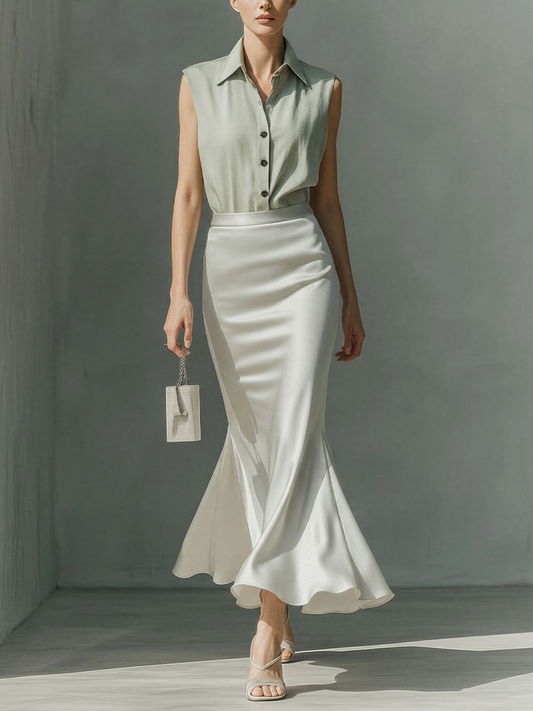 Women’s Sage Green Sleeveless Collared Shirt & Ivory Satin Mermaid Midi Skirt Two-Piece Set