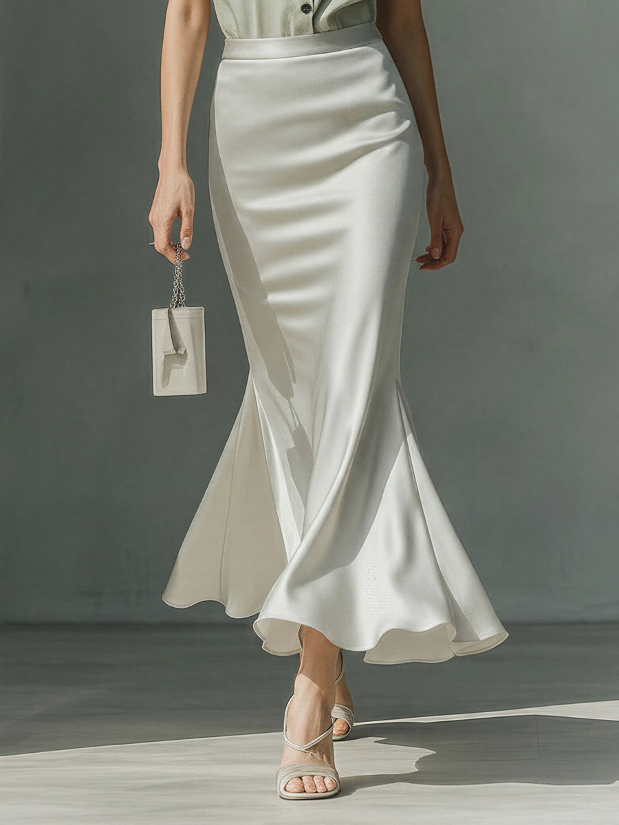 Women’s Sage Green Sleeveless Collared Shirt & Ivory Satin Mermaid Midi Skirt Two-Piece Set