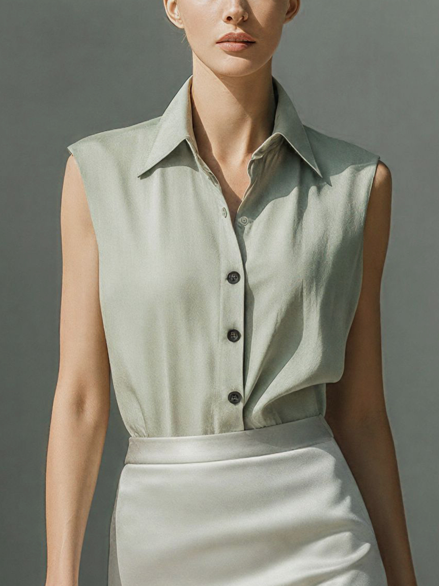 Women’s Sage Green Sleeveless Collared Shirt & Ivory Satin Mermaid Midi Skirt Two-Piece Set