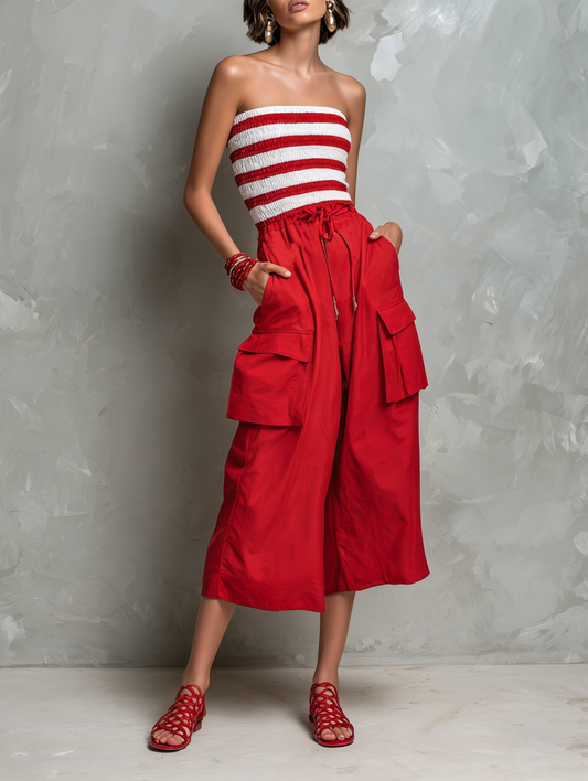 Women's Sporty-Casual Striped Strapless Jumpsuit — Smocked Bodice, Paneled Design, Multi-Pocket, Cropped Wide-Leg Pants