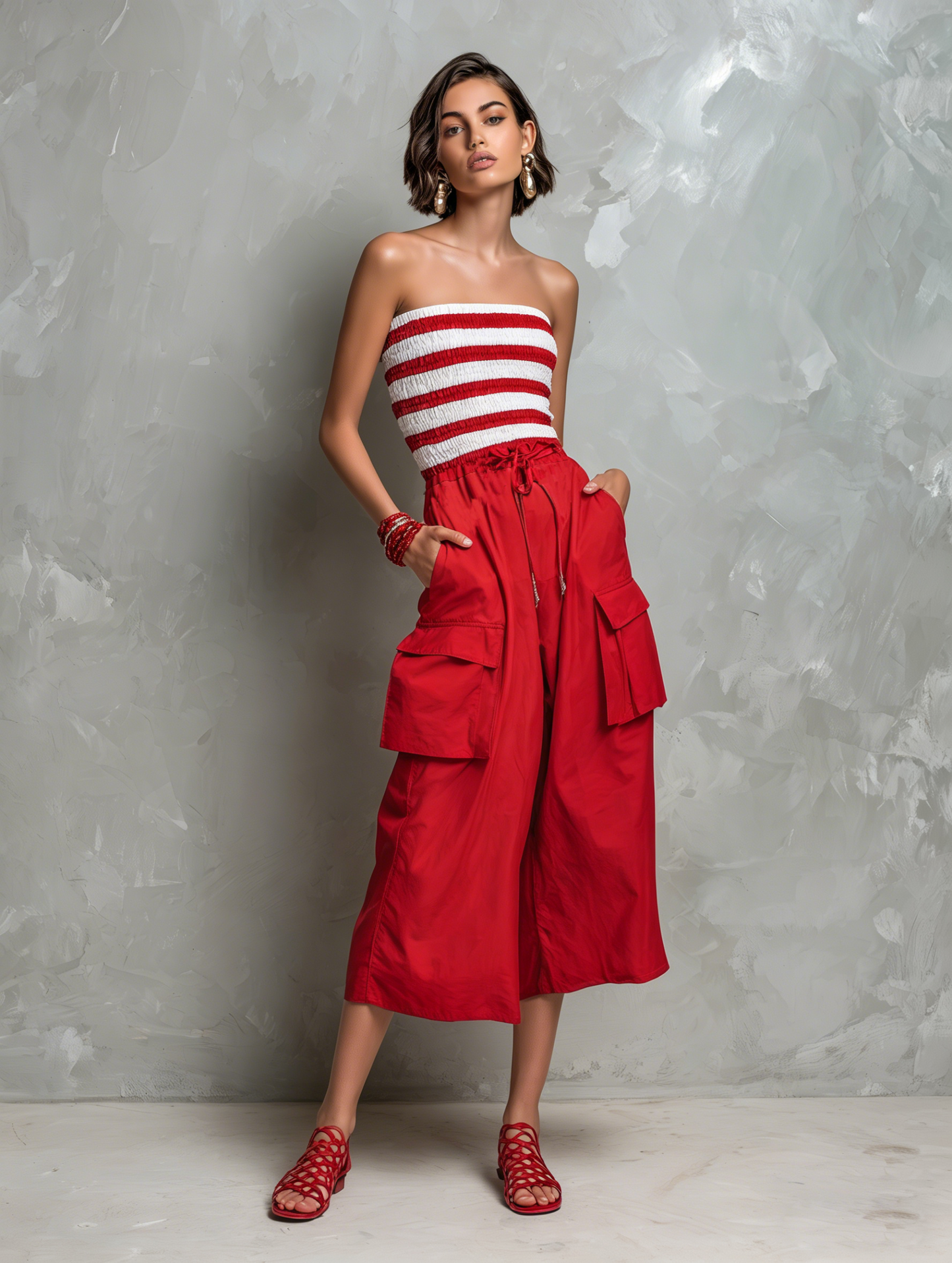 Women's Sporty-Casual Striped Strapless Jumpsuit — Smocked Bodice, Paneled Design, Multi-Pocket, Cropped Wide-Leg Pants