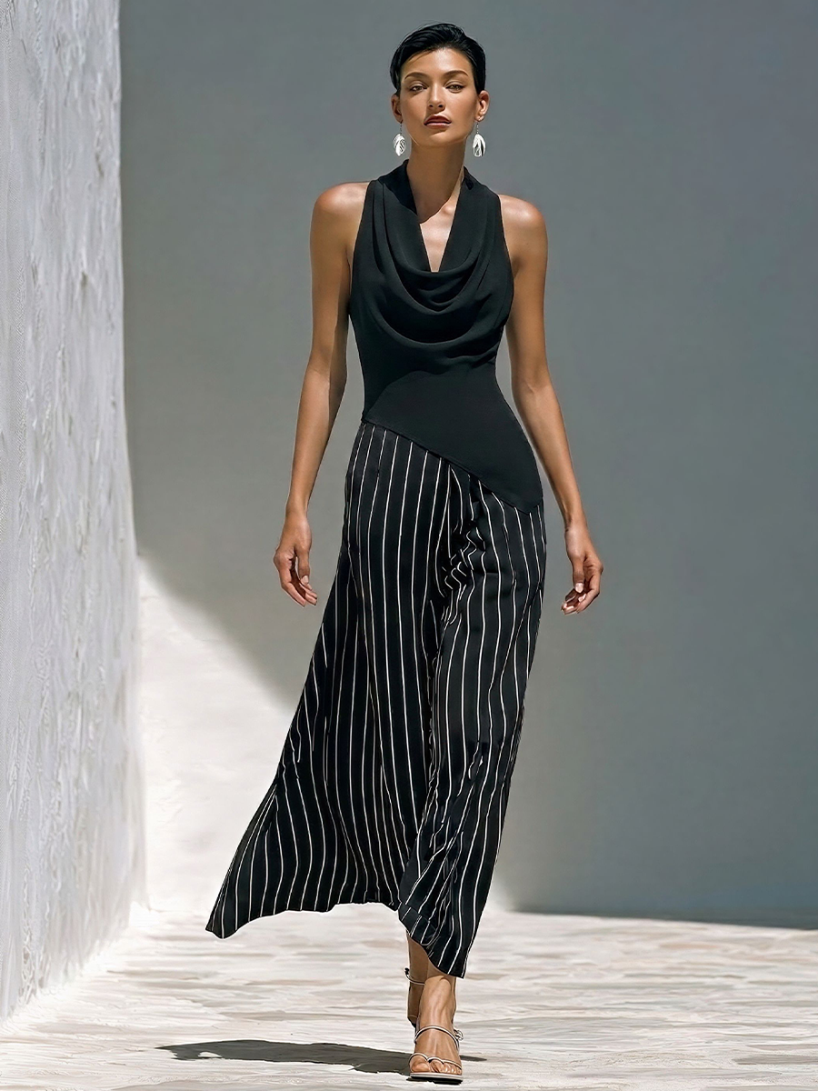Women’s Black Cowl Neck Sleeveless Top & Black-and-White Striped Skirts Two-Piece Set