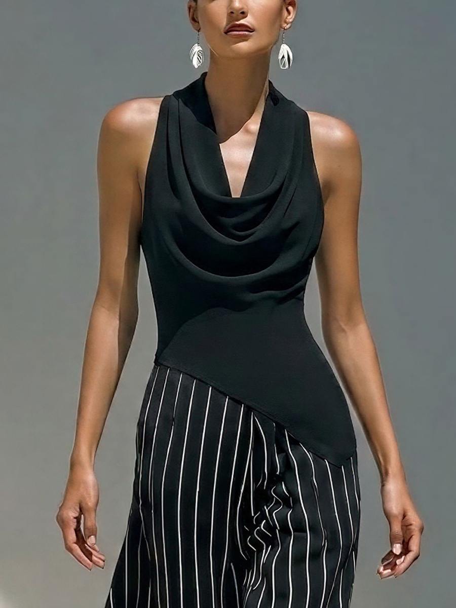 Women’s Black Cowl Neck Sleeveless Top & Black-and-White Striped Skirts Two-Piece Set