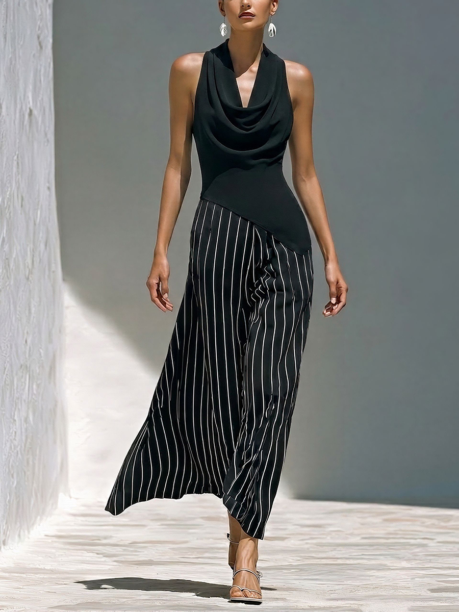 Women’s Black Cowl Neck Sleeveless Top & Black-and-White Striped Skirts Two-Piece Set