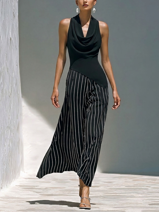 Women’s Black Cowl Neck Sleeveless Top & Black-and-White Striped Skirts Two-Piece Set