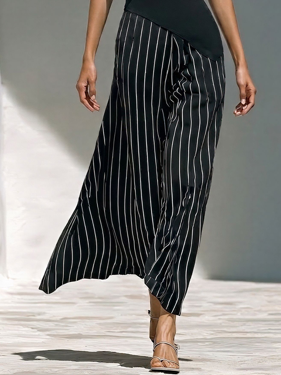 Women’s Black Cowl Neck Sleeveless Top & Black-and-White Striped Skirts Two-Piece Set