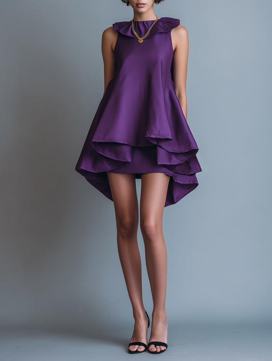 Women's Elegant Satin Mini Dress With Petal Collar, Sleeveless Design, And Ruffled Hem