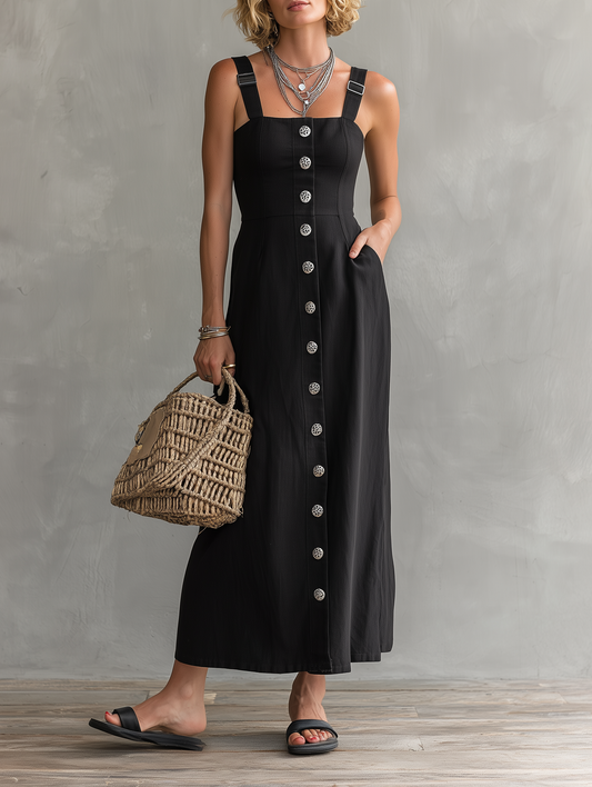 Women's Minimalist Linen-Blend Single-Breasted Maxi Pinafore Dress