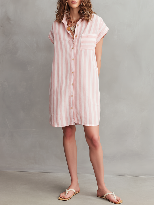 Women's Minimalist Striped Single-Breasted Cap-sleeves Mini Shirt Dress