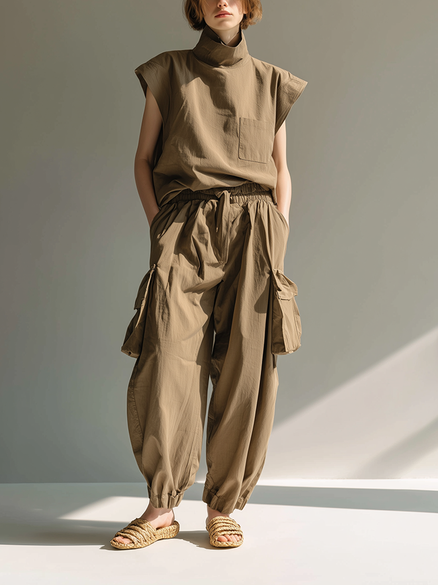Women's Minimalist Utility-Style Cotton-Linen Set: Loose-Fit Stand-Collar Top & Cargo Pants