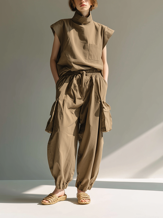 Women's Minimalist Utility-Style Cotton-Linen Set: Loose-Fit Stand-Collar Top & Cargo Pants