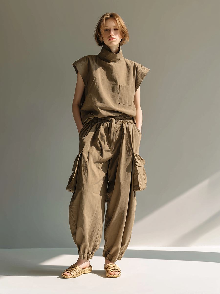 Women's Minimalist Utility-Style Cotton-Linen Set: Loose-Fit Stand-Collar Top & Cargo Pants