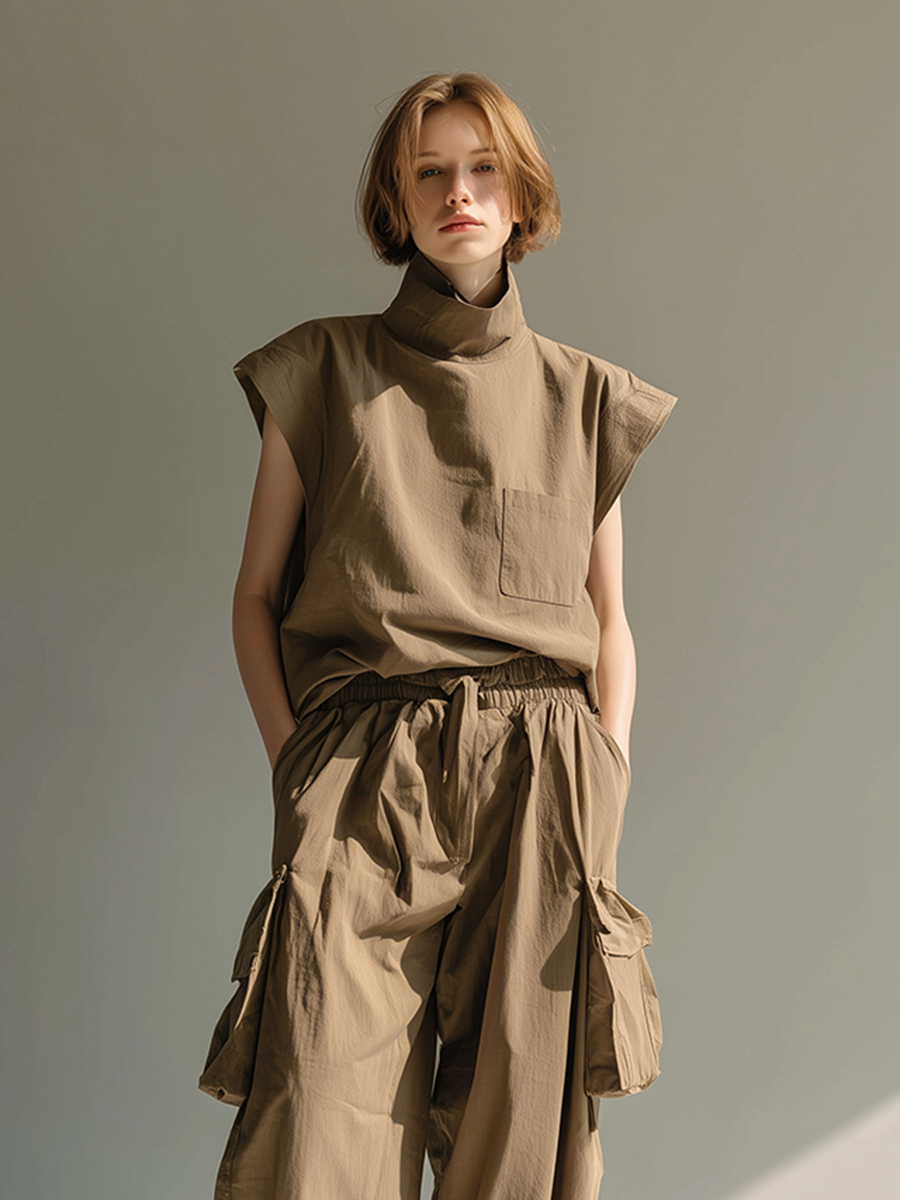 Women's Minimalist Utility-Style Cotton-Linen Set: Loose-Fit Stand-Collar Top & Cargo Pants