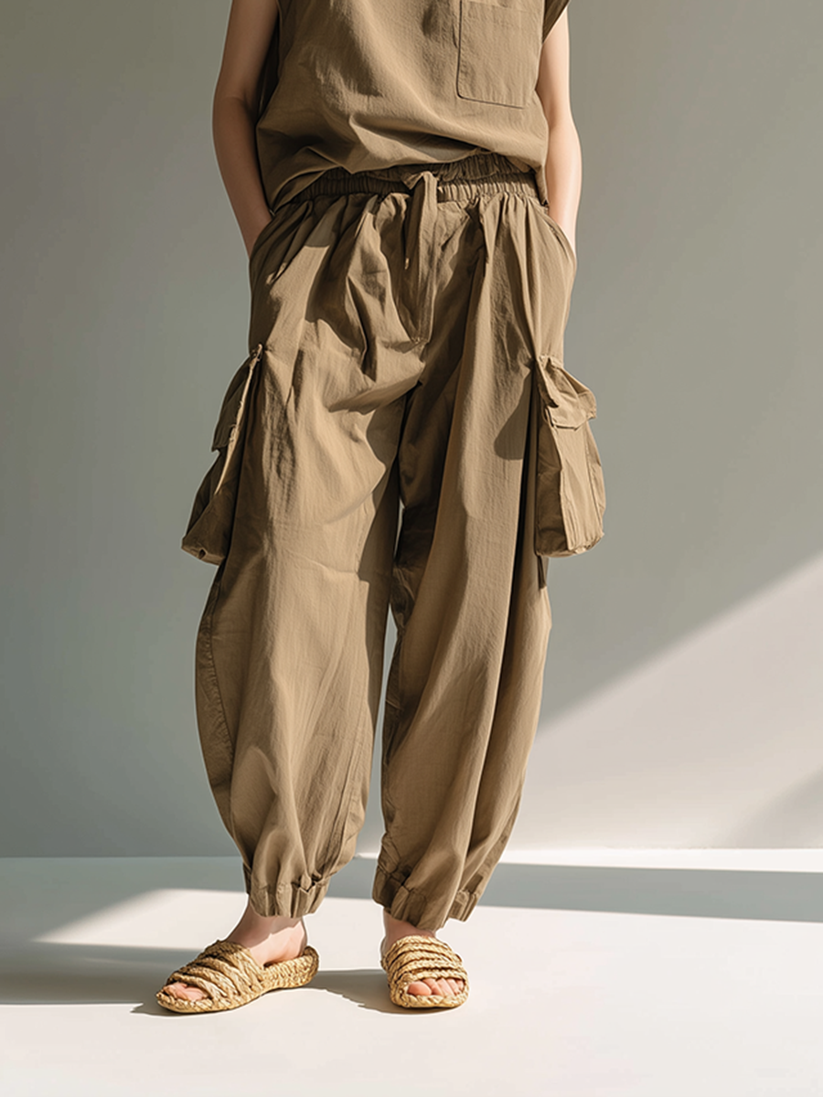 Women's Minimalist Utility-Style Cotton-Linen Set: Loose-Fit Stand-Collar Top & Cargo Pants