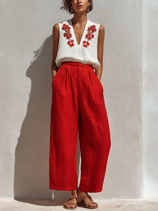 Women’s White Sleeveless Floral Embroidered Linen Top & Red High-Waisted Wide-Leg Pants Two-Piece Set