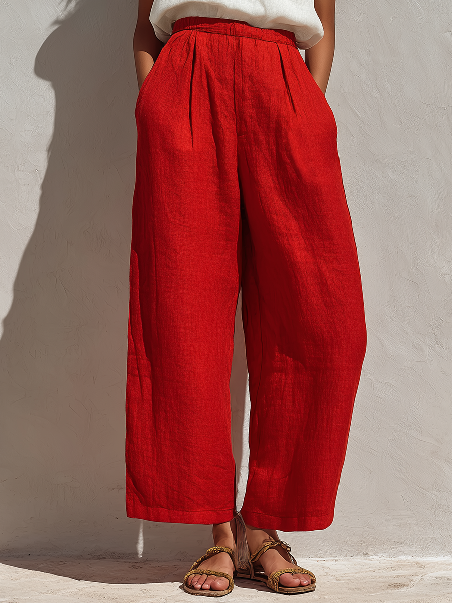 Women’s White Sleeveless Floral Embroidered Linen Top & Red High-Waisted Wide-Leg Pants Two-Piece Set