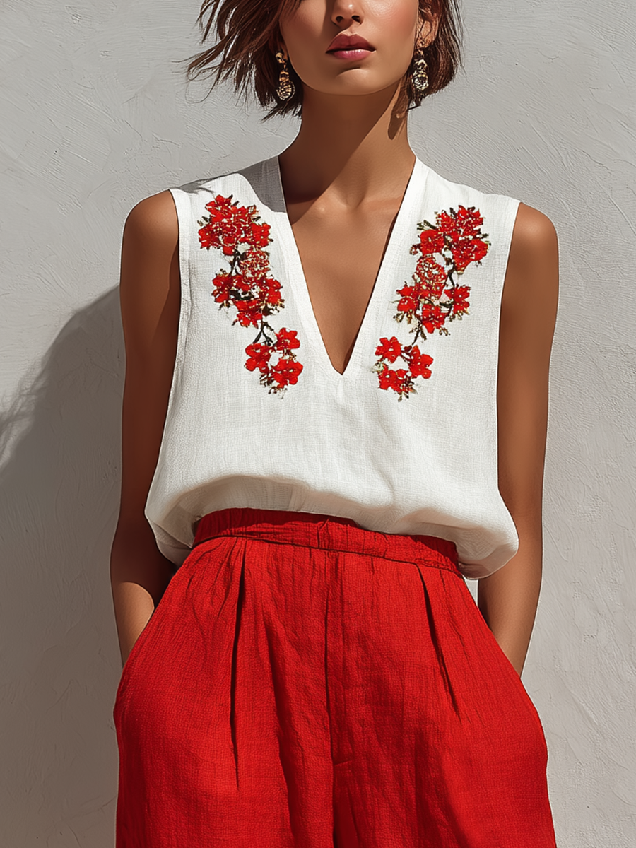 Women’s White Sleeveless Floral Embroidered Linen Top & Red High-Waisted Wide-Leg Pants Two-Piece Set