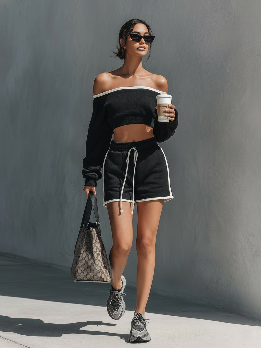 Women's Athleisure White Trim Set: Off-Shoulder Long-Sleeve Cropped Sweatshirt  & Drawstring Shorts