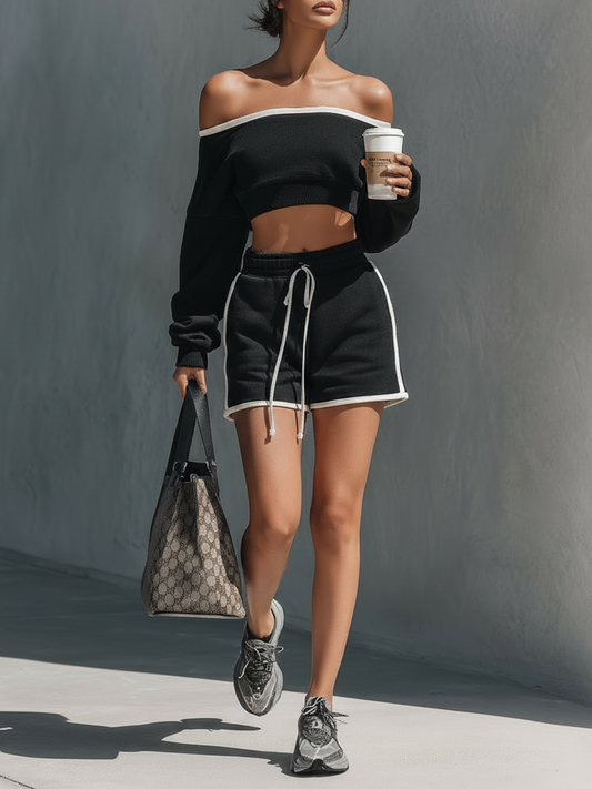 Women's Athleisure White Trim Set: Off-Shoulder Long-Sleeve Cropped Sweatshirt  & Drawstring Shorts