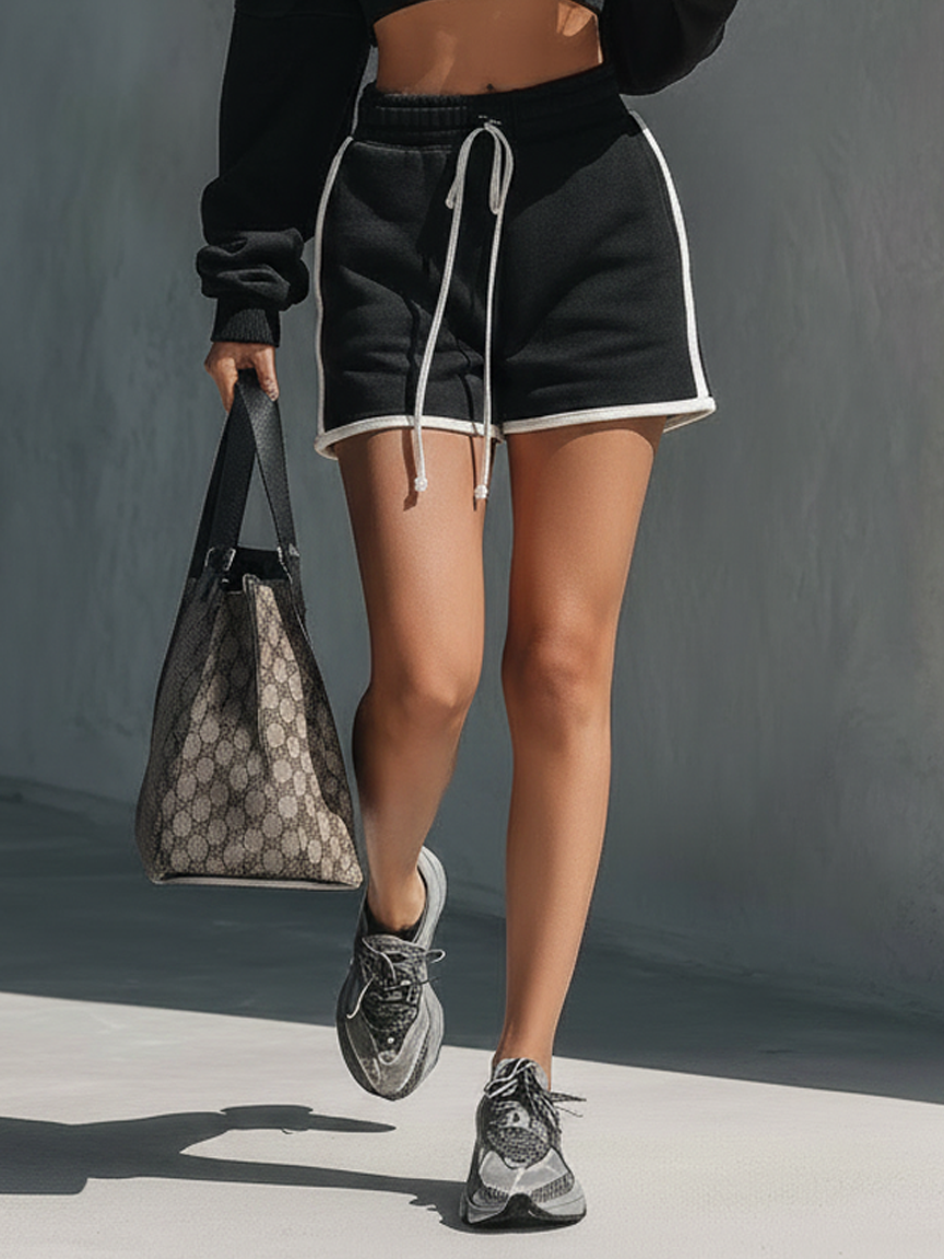 Women's Athleisure White Trim Set: Off-Shoulder Long-Sleeve Cropped Sweatshirt  & Drawstring Shorts