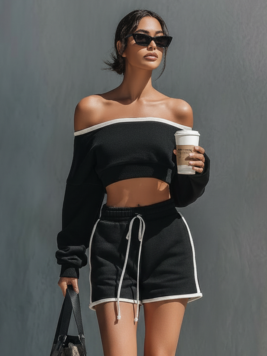 Women's Athleisure White Trim Set: Off-Shoulder Long-Sleeve Cropped Sweatshirt  & Drawstring Shorts