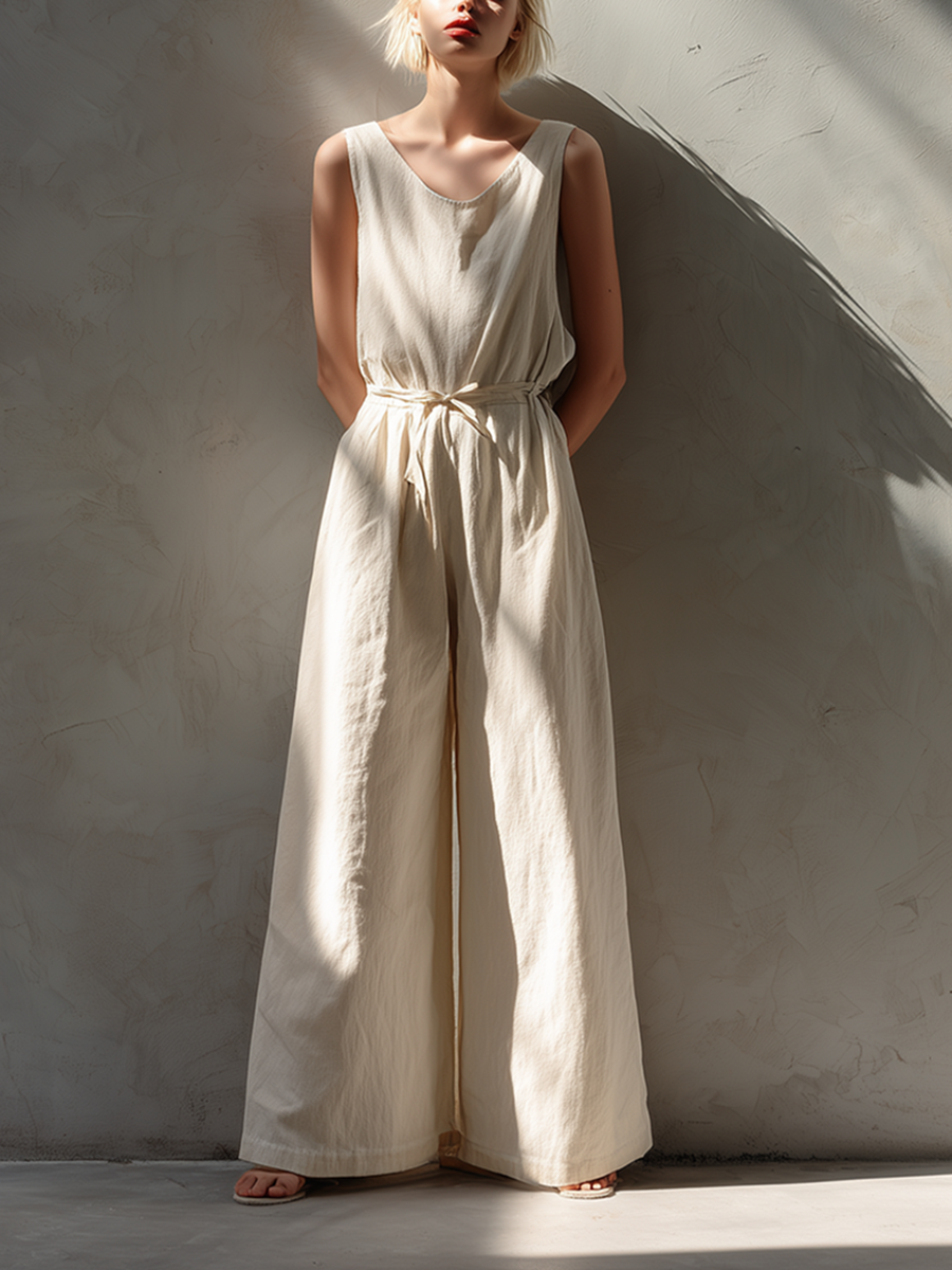 Women's Minimalist Loose-Fit White Cotton-Linen Sleeveless Crew-Neck Wide-Leg Jumpsuit