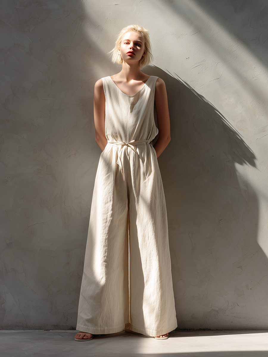 Women's Minimalist Loose-Fit White Cotton-Linen Sleeveless Crew-Neck Wide-Leg Jumpsuit