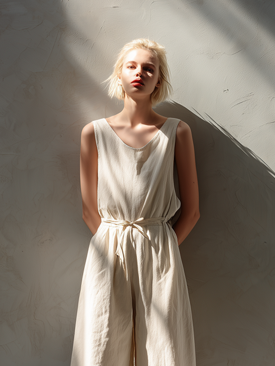 Women's Minimalist Loose-Fit White Cotton-Linen Sleeveless Crew-Neck Wide-Leg Jumpsuit