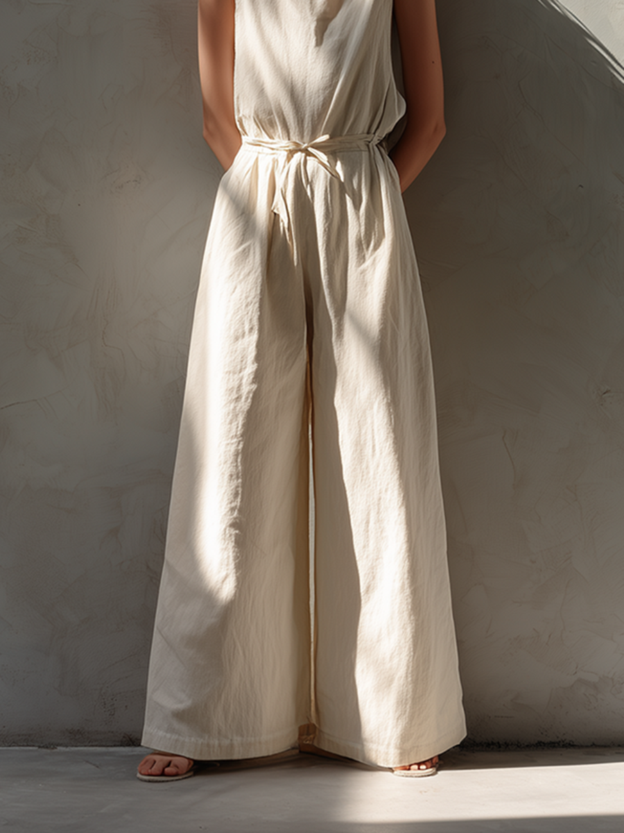 Women's Minimalist Loose-Fit White Cotton-Linen Sleeveless Crew-Neck Wide-Leg Jumpsuit
