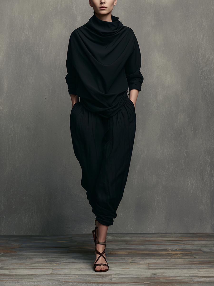 Women's Minimalist Black Polyester-Cotton Set: Mock-Neck Top & Loose-Fit Tapered Cropped Harem Pants
